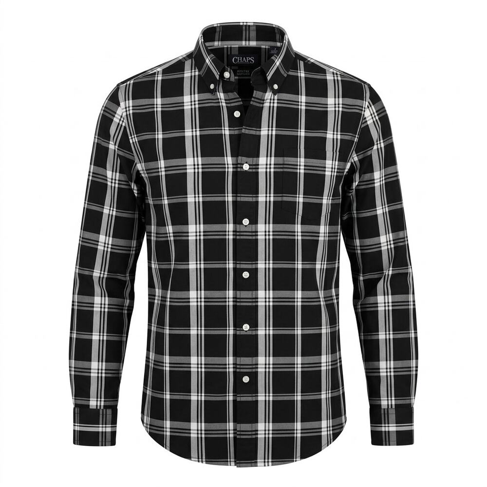 Chaps Black White Plaid Stretch Easy Care Button-Up Shirt Men Size L
